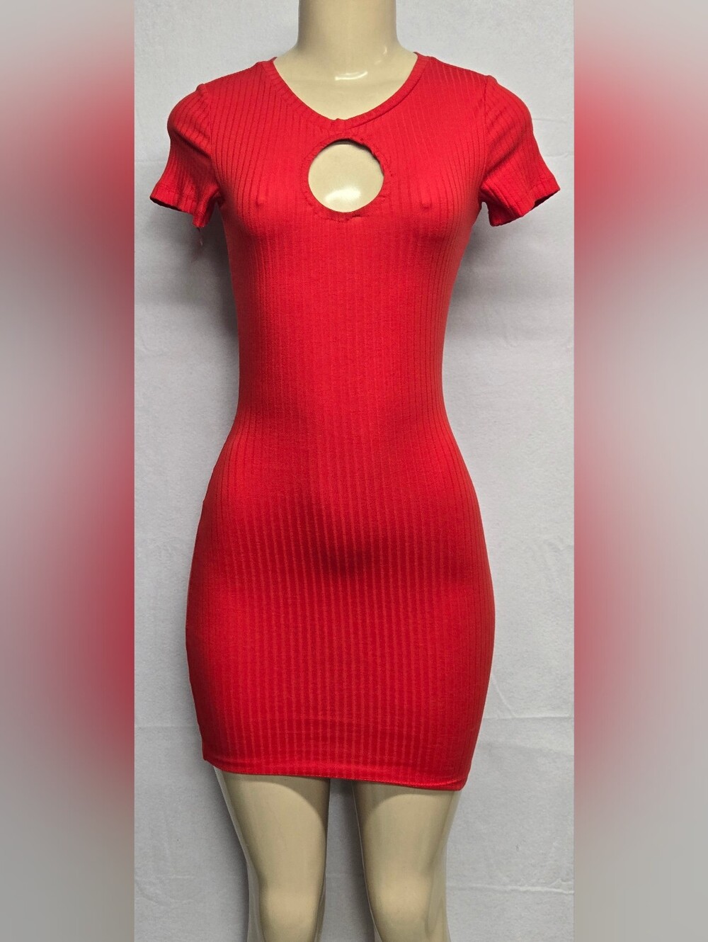 Divided XS Red Bodycon Mini Dress Stretch Fitted Ribbed Short Sleeve Keyhole